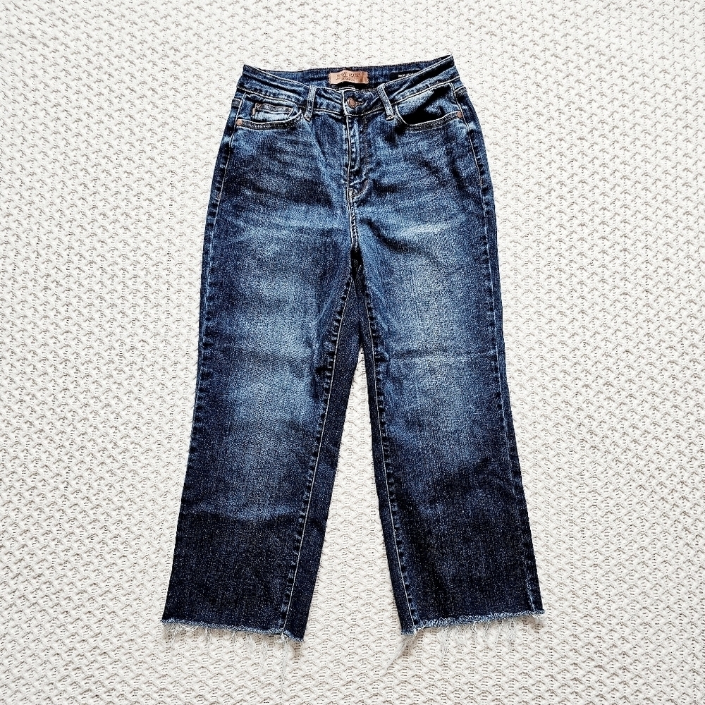 Judy Blue HR Wide Leg Raw Hem Cropped Denim Jeans Embroidered Pockets 5/27 - Picture 5 of 12